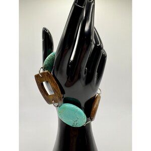 Retro Turquoise And Wooden Beaded Bracelet Western Southwestern Boho Chunky